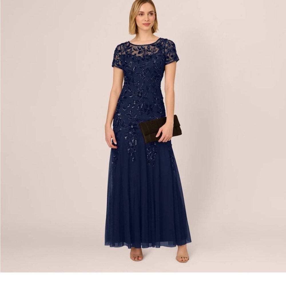 Adrianna Papell Navy Beaded Tulle Gown SZ 14 NWT Formal Evening Dress GALA MOB